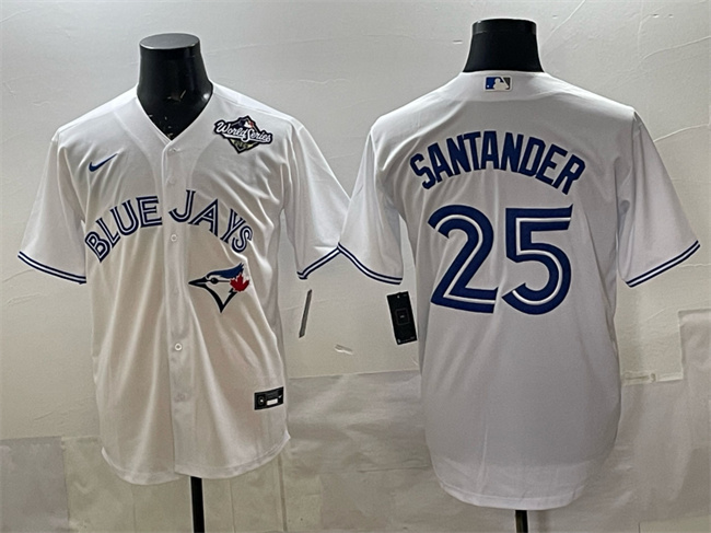 Men's Toronto Blue Jays #25 Anthony Santander White 2025 World Series Home Cool Base Stitched Baseball Jersey Men's Toronto Blue Jays #25 Anthony Santander White 2025 World Series Home Cool Base Stitched Baseball Jersey